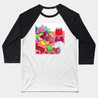 Fruits, Jars, and Flowers on red gingham tablecloth Baseball T-Shirt